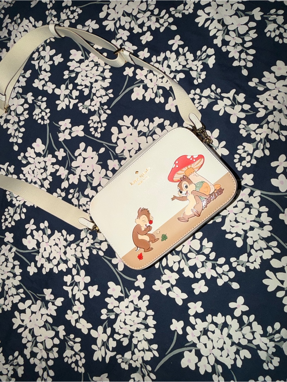 kate spade White Leather Crossbody with Chipmunk & Mushroom Print